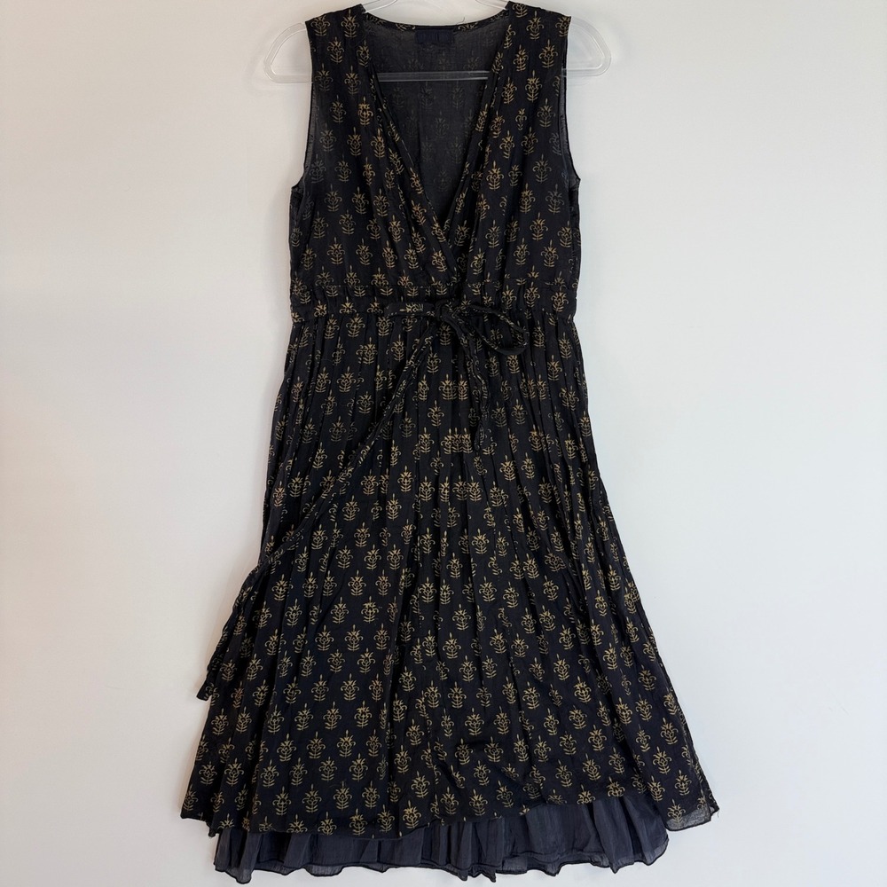 CP Shades Julia Dress Womens Small Navy Blue Gold Silk Cotton Block Print Midi - Picture 2 of 15